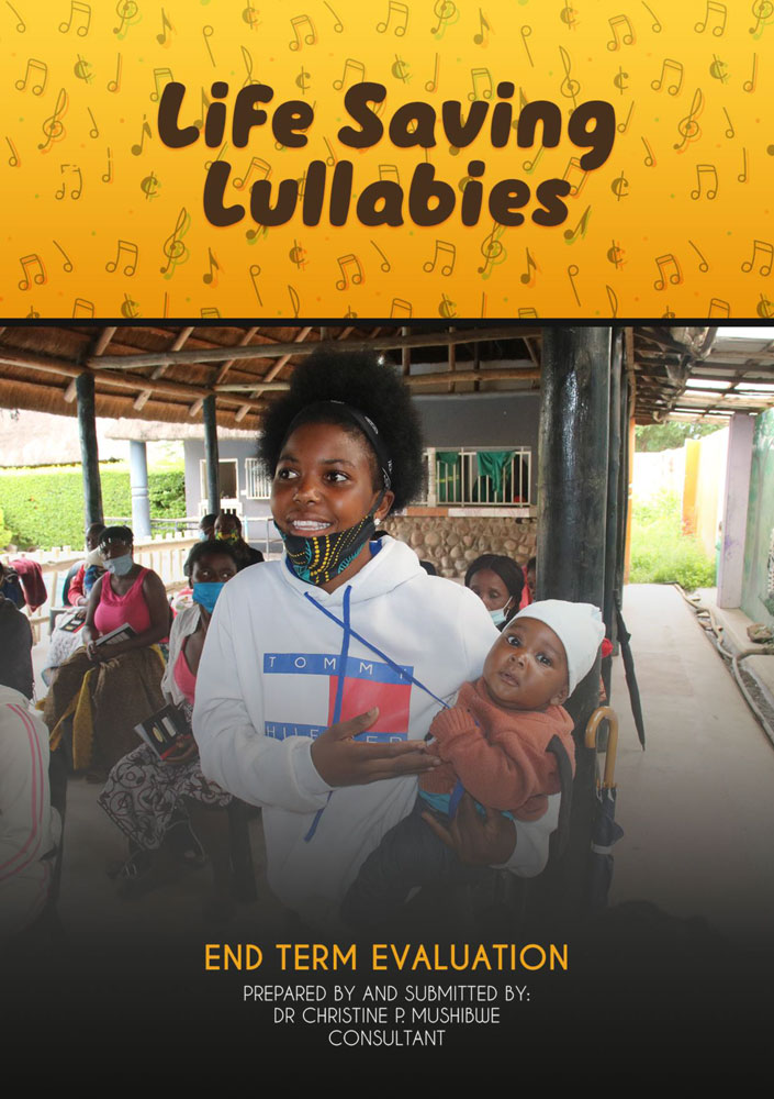 Front cover of the external evaluation report from the Life-Saving Lullabies project, featuring a mother in a clinic carrying a baby