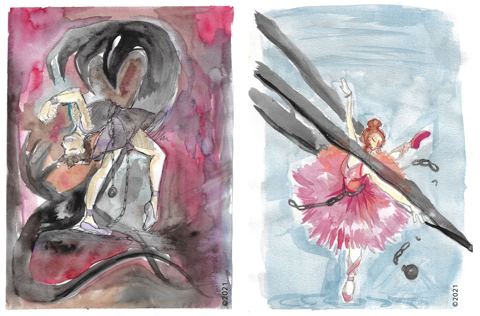 Two watercolour paintings, the first on a dark pink and black background showing a ballerina in chains, the second the same ballerina on a lighter blue background breaking some of the chains 