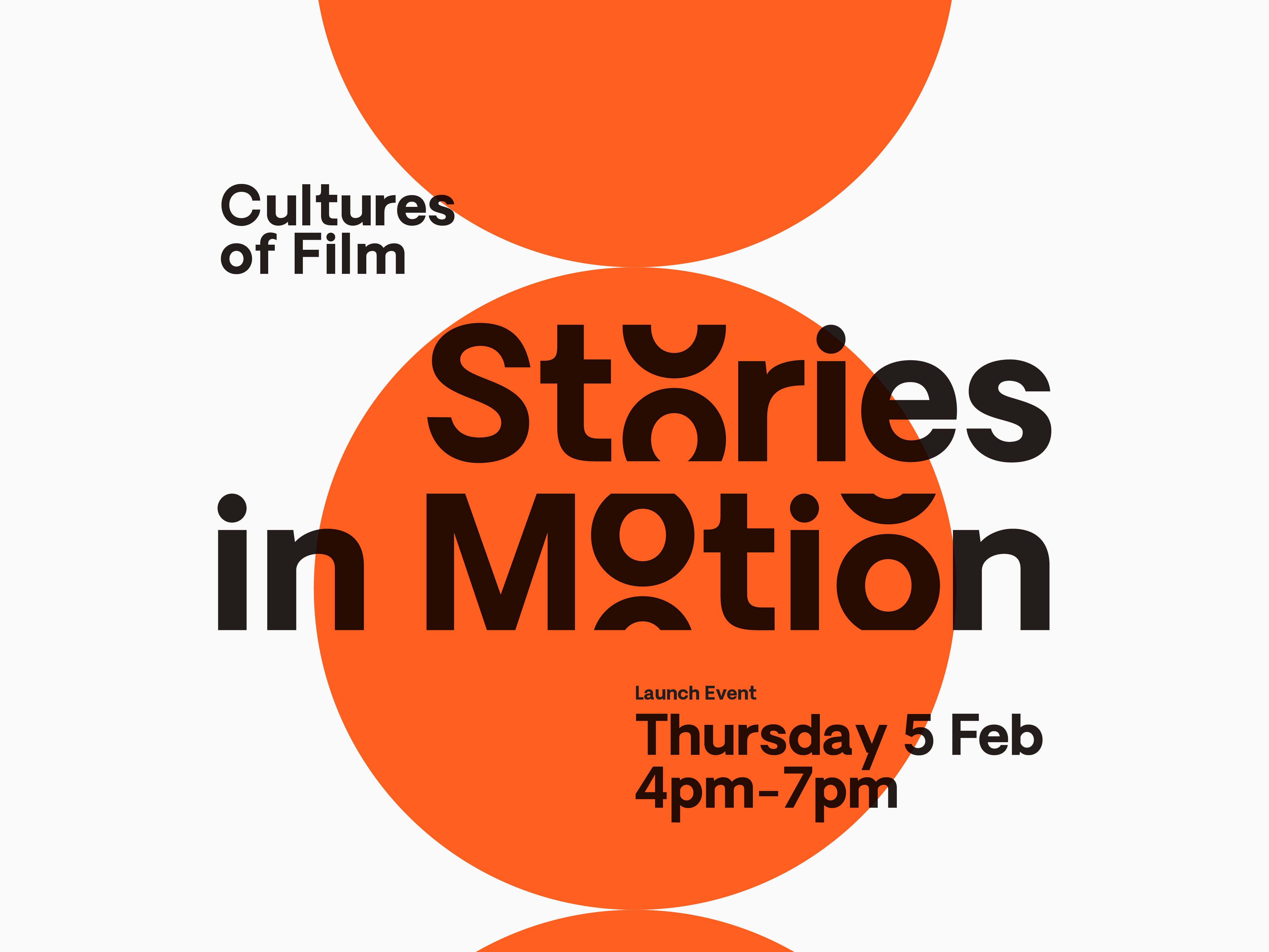 A orange circle with black text saying Stories in Motion