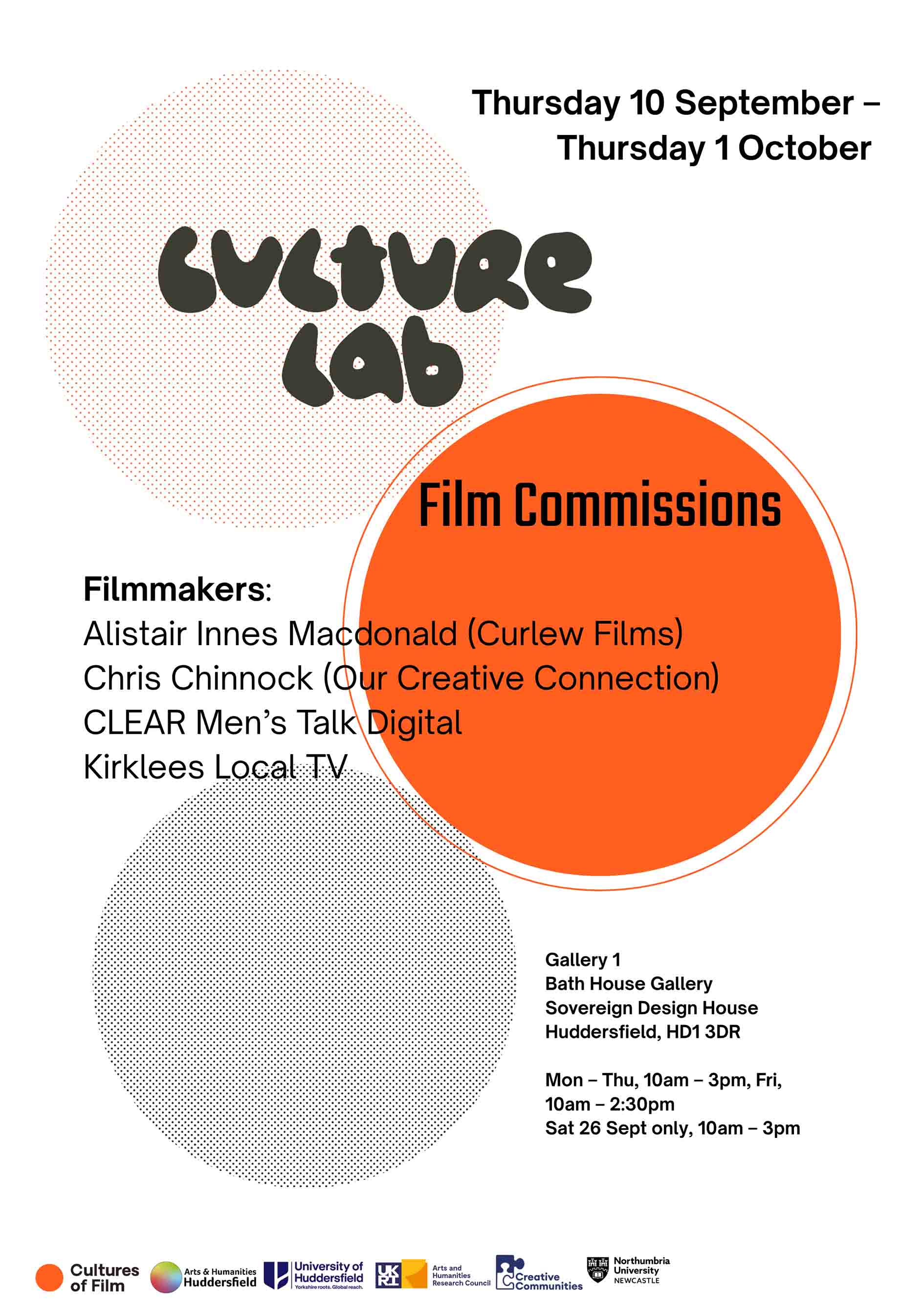 An orange circle and patterns with black text
