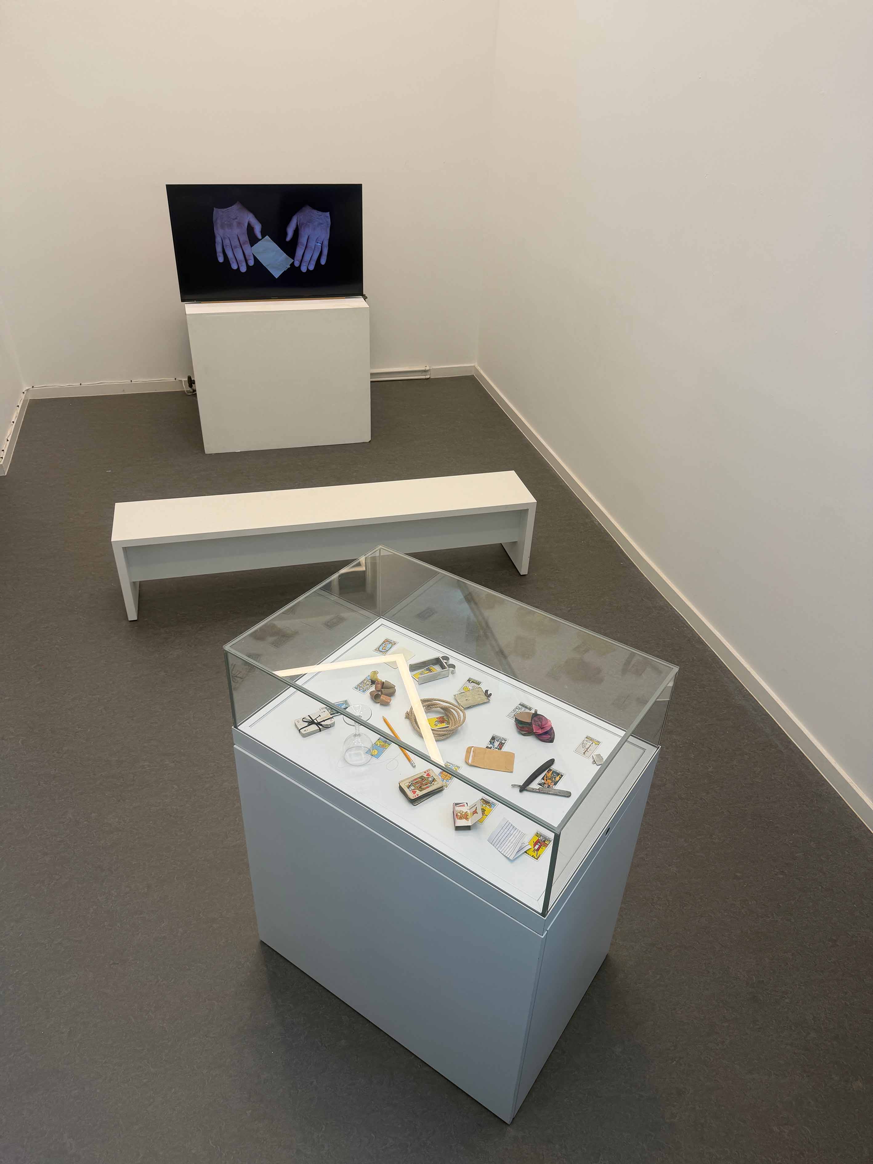 A glass vitrine with items inside next to a white bench and a TV on a white plinth