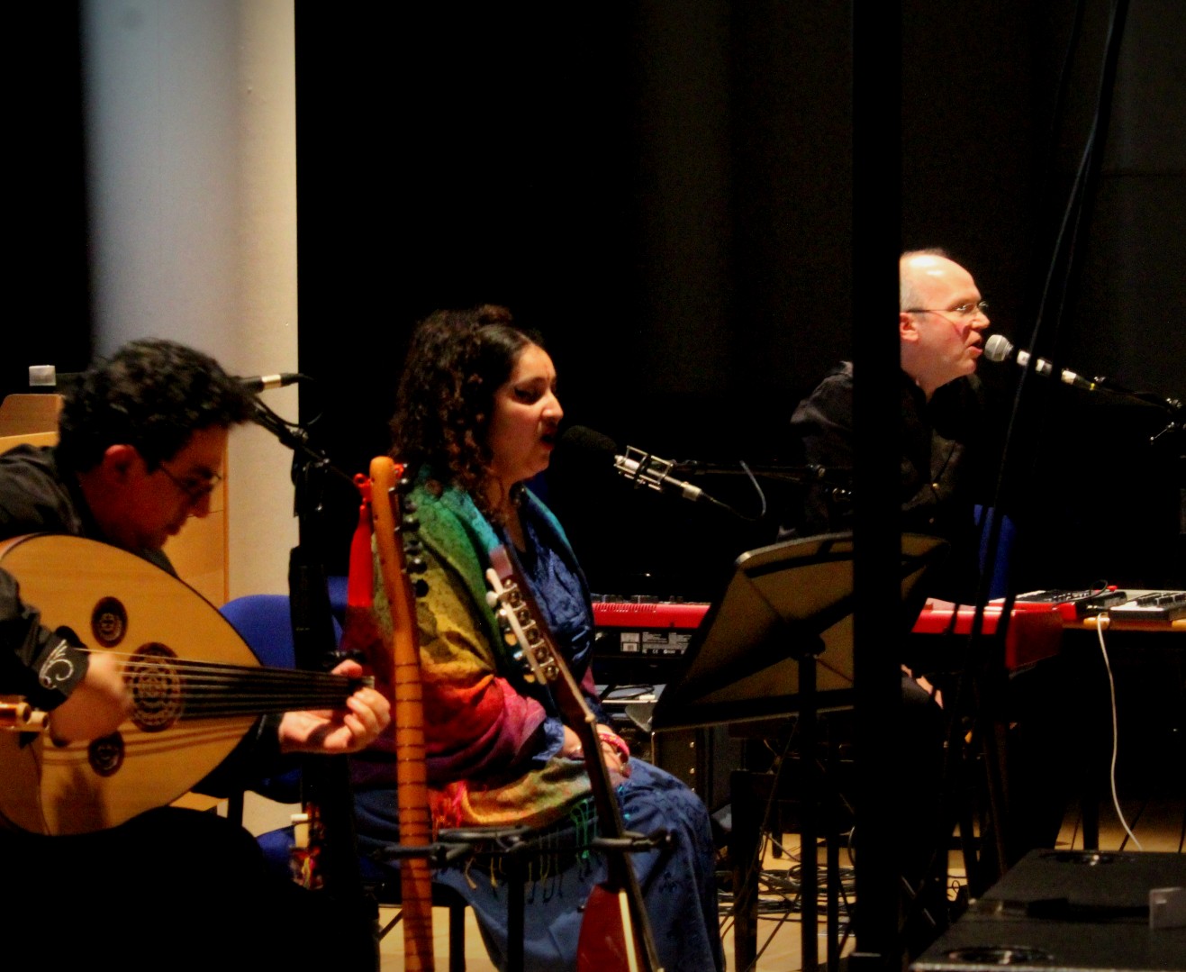 Photograph of the band Electric Sufi, from right to left: Mina Salama, Satnam Galsian and Rupert Till
