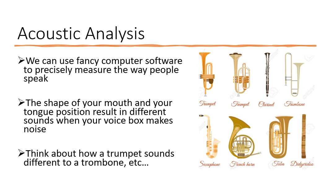slide from Ryan Gibson's presentation on the indexicalities of popular music explaining acoustic analysis