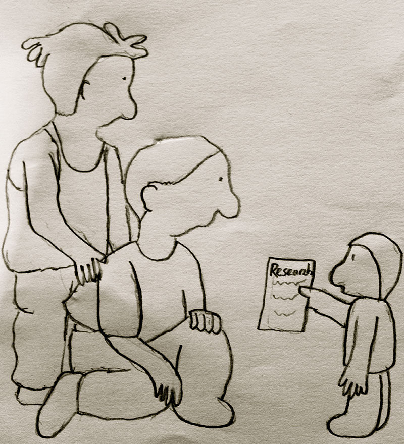 Cartoon line drawing of a small child giving a document entitled 'research' to two adults, (c) Belinda Walsh