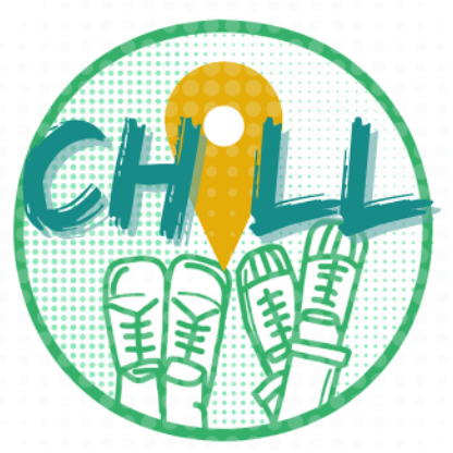 Logo for the CHILL Project. Line drawing of two pairs of teenagers' shoes next to a map pinpoint logo