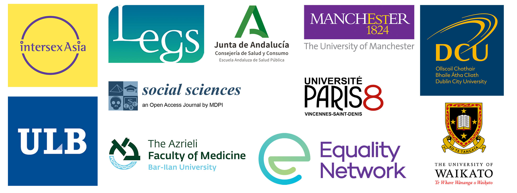 Logos of organisations involved in organising the conference: Intersex Asia; ULB; Legs; Social Sciences; The Azrieli Faculty of Medicine' Junta de Andalucia; Universitie Paris; University of Manchester; DCU; University of Waikato