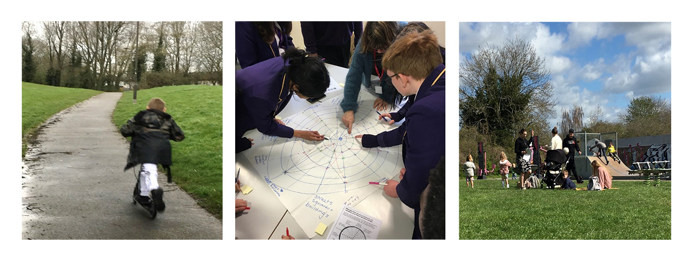 A stylish triptych of three photographs of young people. From left to right is a child on a scooter, children drawing maps and families in a field.