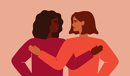 Simple illustration of two women supporting each other