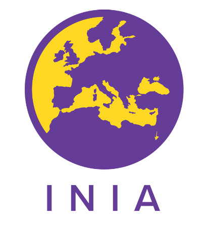 a globe silhouette centred on Europe, in purple and yellow