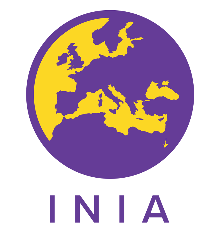 a globe silhouette centred on Europe, in purple and yellow