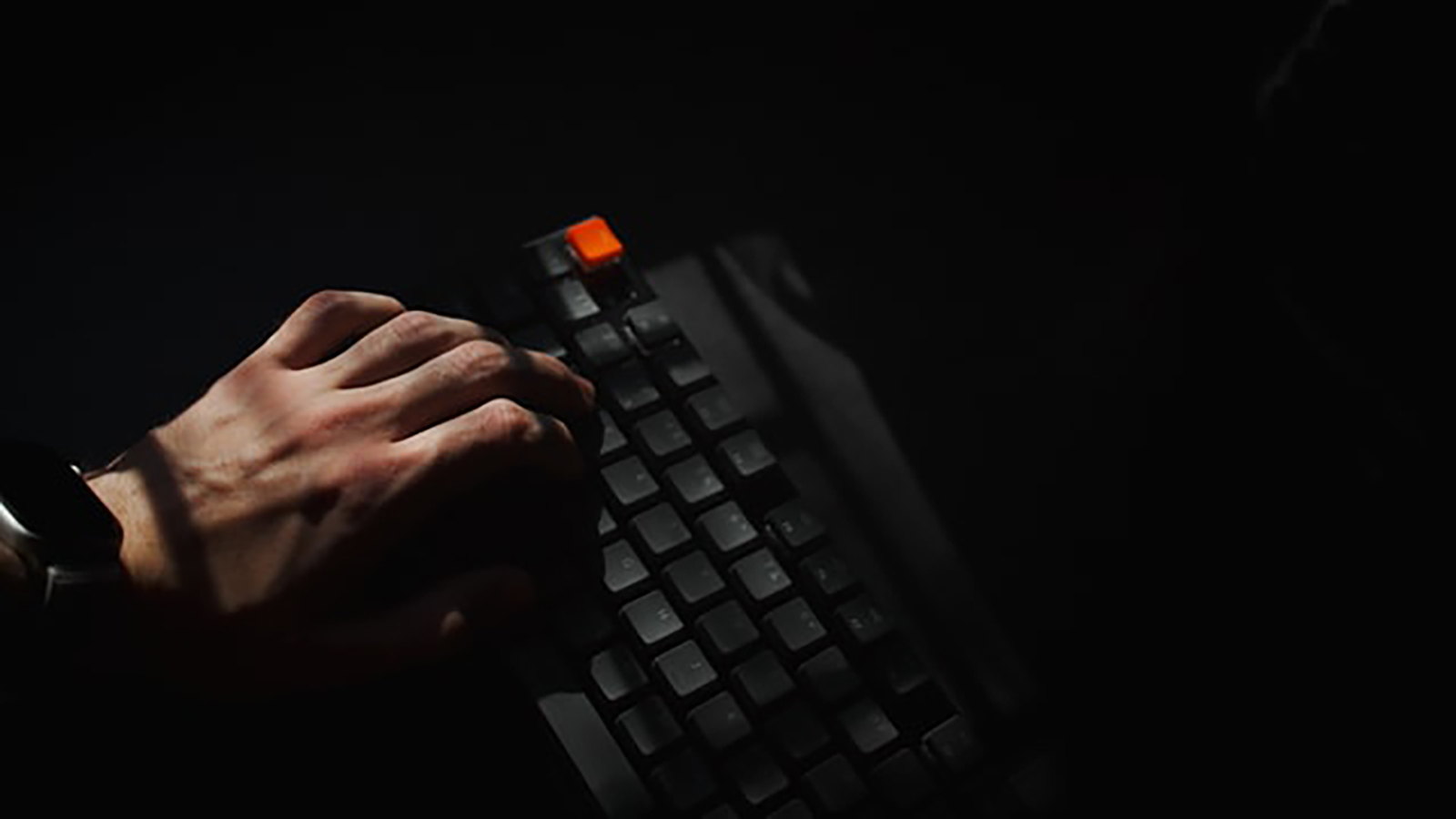 Hands typing at a keyboard in a dimly lit room. There is something sinister about the image.