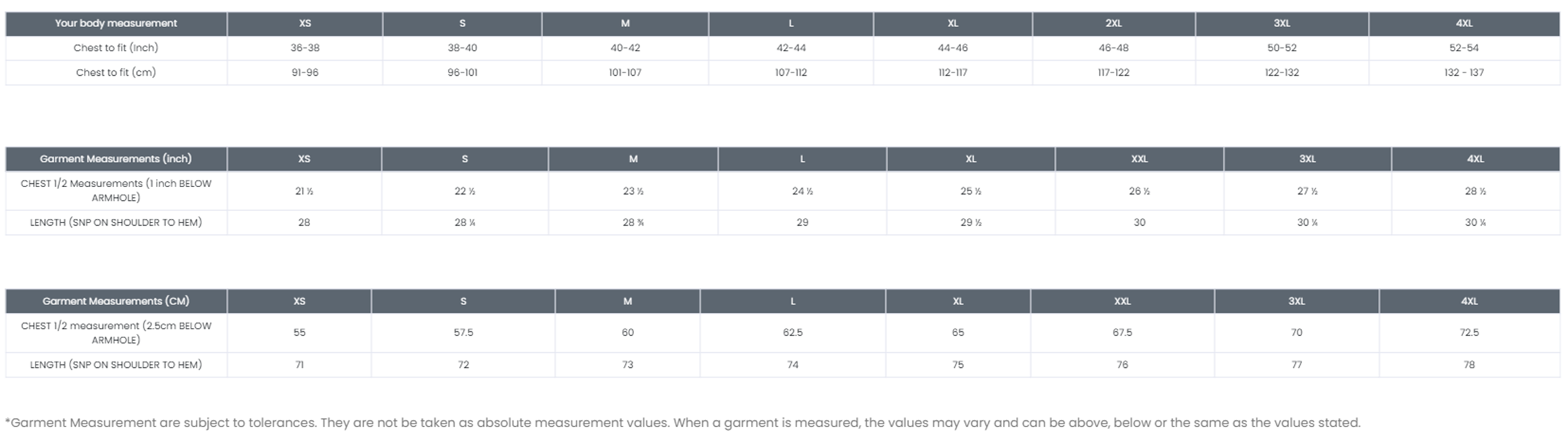 A table showing the sizes of tunics available for Human & Health Students