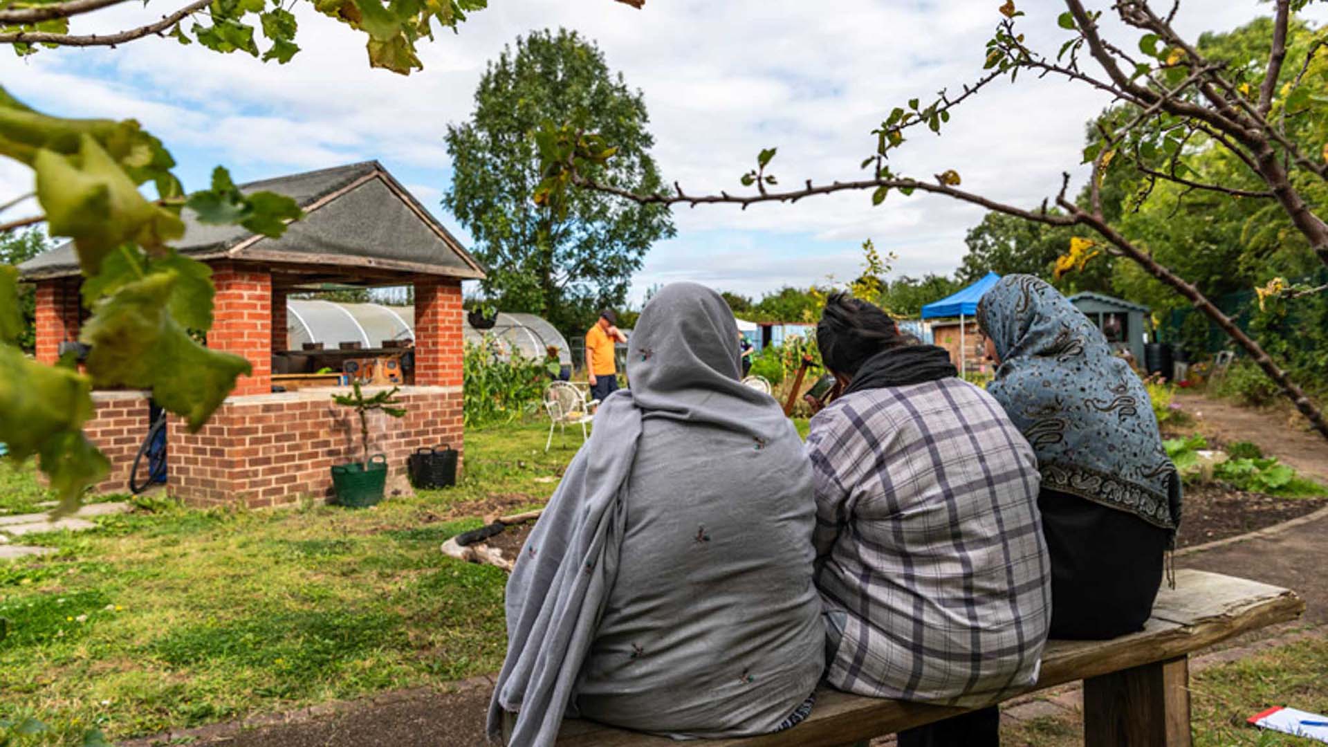 people sitting on a bench overlooking a garden