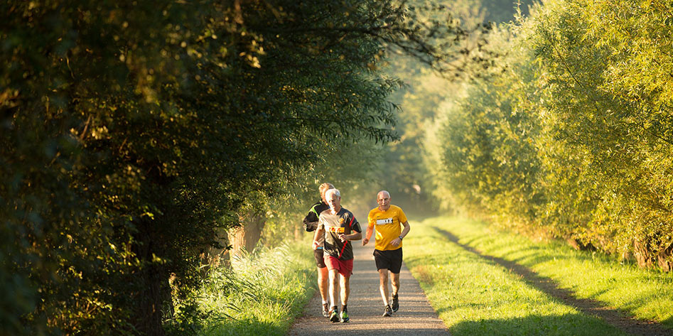 Three elderly male runners in a park