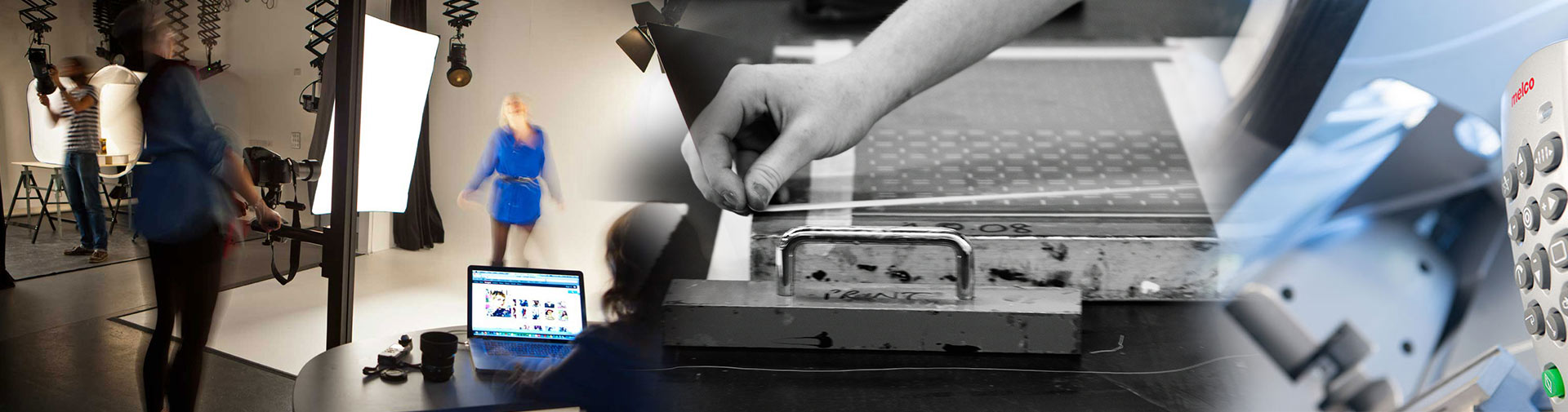 A collage of our photography studios and a student an using etching press.