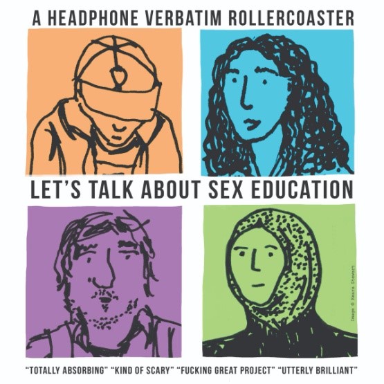 A promotional image for the 'Headphone Verbatim Rollercoaster' sex education talk. Contains the cartoon faces of four people of different ages/backgrounds.